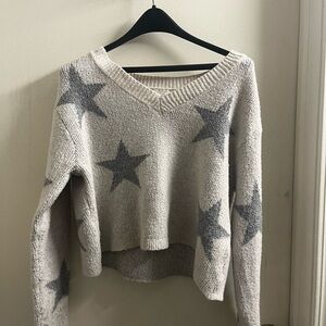 Cream V-Neck Star Print Women's Sweater